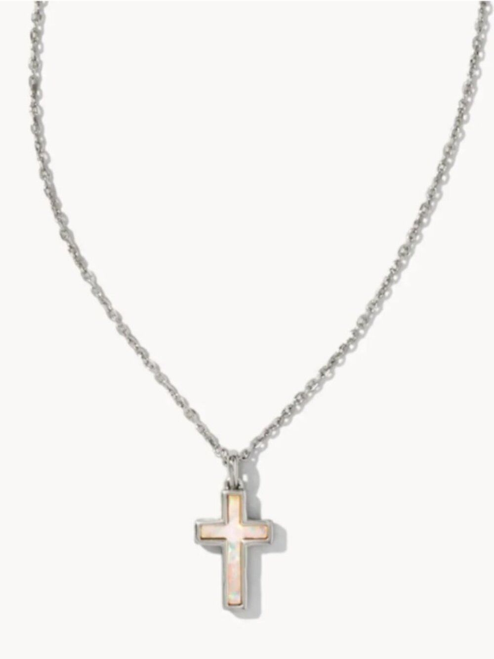 Kendra Scott Cross Silver Pendant Necklace in White Lab Grown Opal - Picture 2 of 5